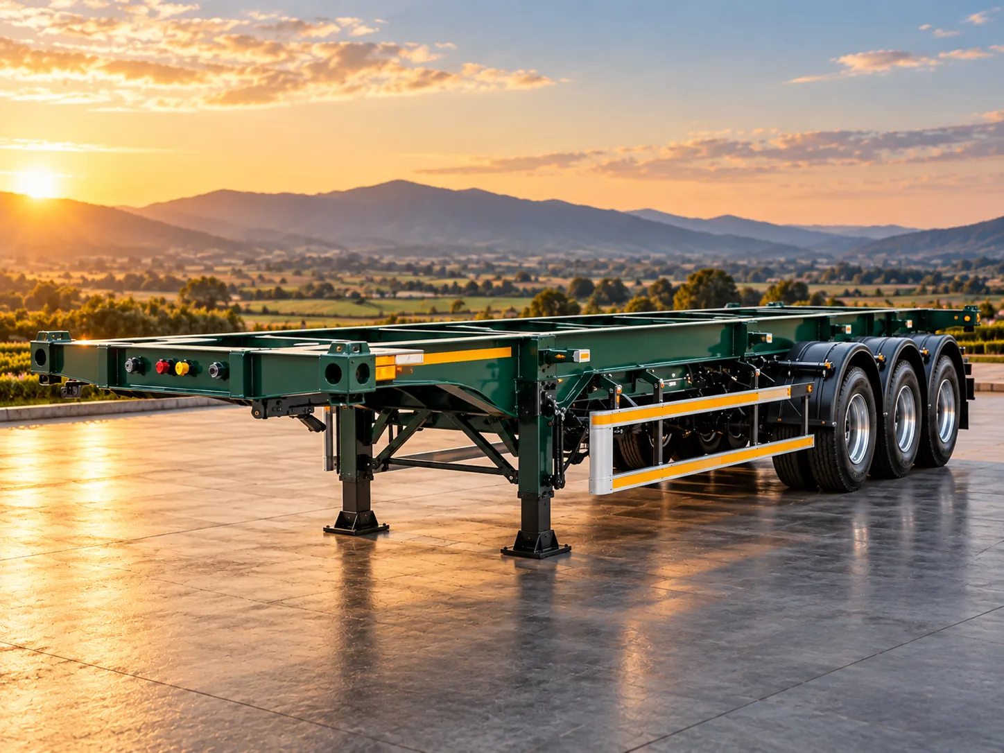 Illustrative skeletal container chassis at a logistics yard